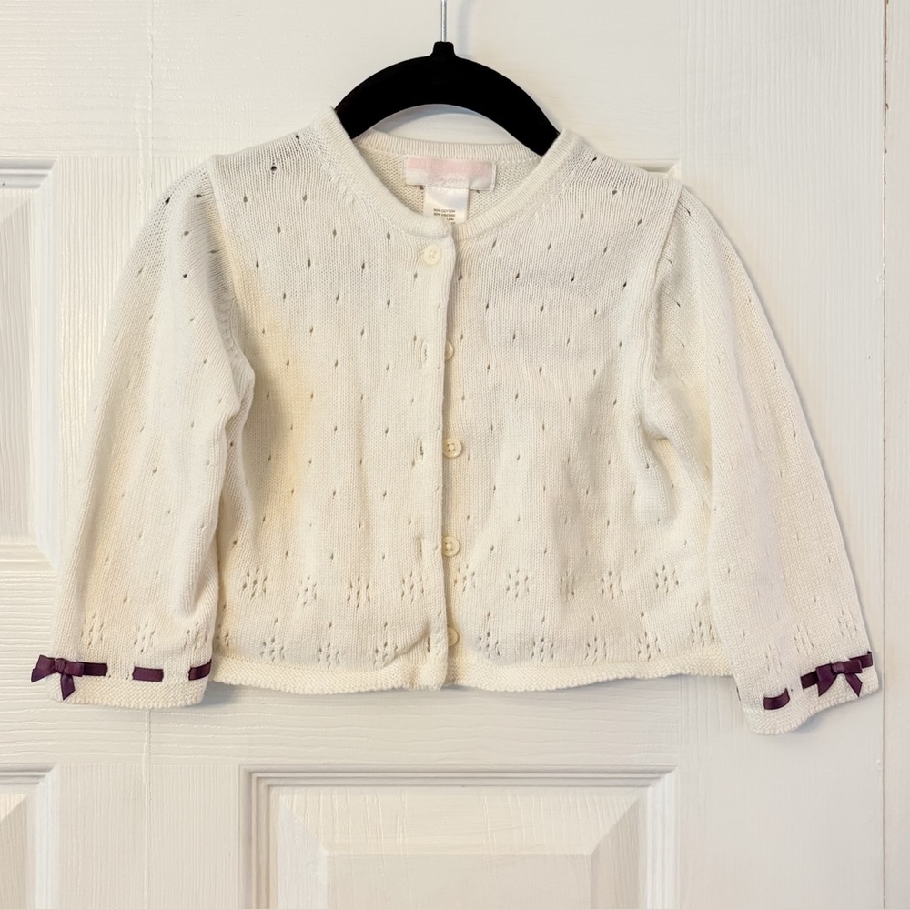 Janie and Jack White Pointelle Cardigan Button Up Bow Ribbon Cuffs (12-18m)